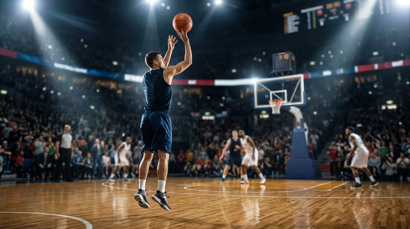 Basketball player scoring points during NBA game in professional arena