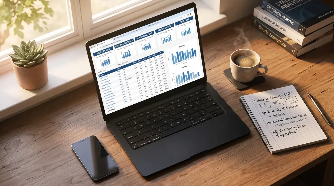 Laptop showing NBA statistics and player data analysis for props betting research